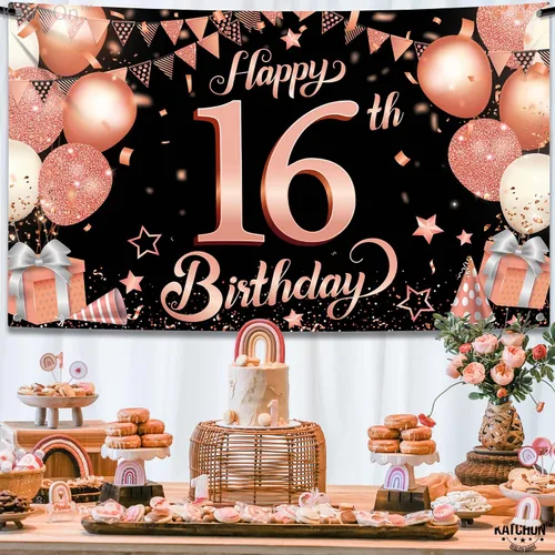 Miniatura 4 de KatchOn Cartel de feliz cumpleaños número 16 de oro rosa, grande de 72 x 44 pulgadas, decoraciones de fiesta de dulces 16, telón de fondo para niñas