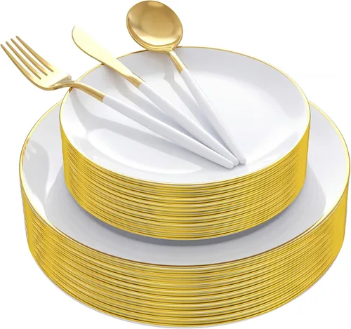Supernal 150 platos de plástico blanco y dorado, cubiertos de plástico dorado, juego de vajilla blanca incluye 60 platos, 30 tenedores, 30 Juego de