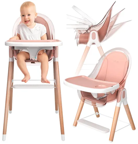 Silla alta de madera de lujo 6 en 1 para bebés y niños pequeños, moderna, segura y compacta, fácil de limpiar, bandeja y cojín extraíbles, 6 Rosa