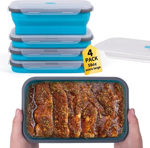 Recipientes plegables extra grandes para almacenamiento de alimentos con tapa y ventilación de aire, 58 oz, paquete de 4, recipiente plegable XL