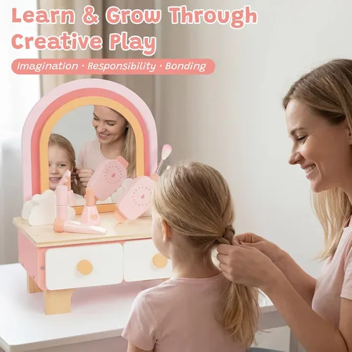 Miniatura 6 de Juego de tocador de madera para niños, juego de simulación con espejo, juego de salón de belleza, incluye accesorios de maquillaje, regalo