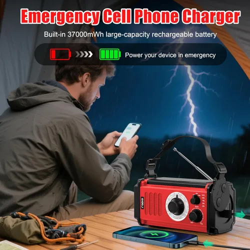 Miniatura 3 de Radio de emergencia con manivela de 37000 mWh, radio meteorológica solar portátil AM/FM/NOAA con batería recargable, cargador USB, alarma SOS