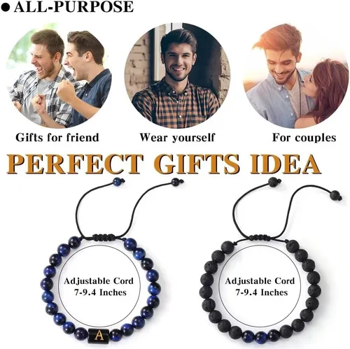 Miniatura 7 de Pulseras de cuentas con iniciales para hombres, regalos de 0.315 in, ojo de tigre, piedra de lava y roca para hombre, pulsera de cuentas de yoga