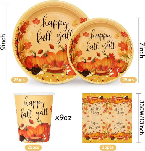 Miniatura 2 de Whaline Juego de vajilla de otoño de 100 piezas para 25 invitados, juego de vajilla desechable de calabaza colorida con hojas de otoño, platos