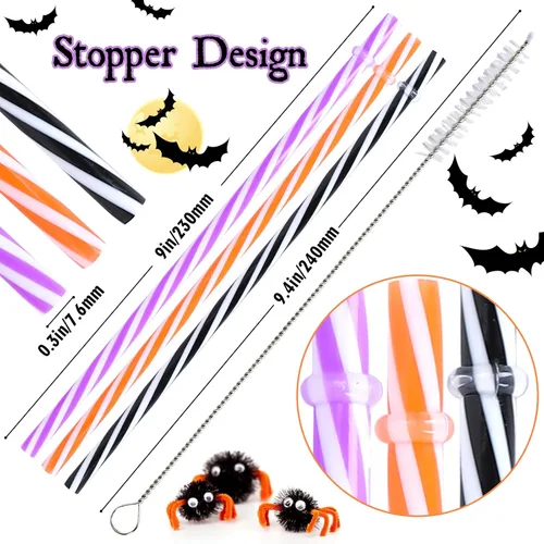 Miniatura 3 de Whaline 60 popotes de plástico reutilizables para Halloween con 2 cepillos de limpieza para pajillas, color naranja, morado, negro, rayas