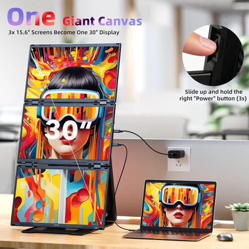 Miniatura 3 de Extensión de Pantalla Cuádruple para Laptop, Monitor Triple FHD de 15.6" 1080P, Combinado en una Pantalla de 30" (Paisaje/Retrato), Solo 1 Cable