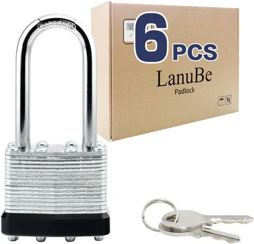 Miniatura 23 de LanuBe Candado laminado de 1-9/16 pulgadas (1.575 in) de largo grillete paquete de 2 llaves iguales, aro de plástico azul, cerraduras a granel