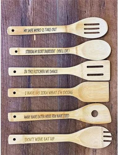 Miniatura 3 de Divertido juego de cucharas de madera, 6 cucharas de madera para reproducir, cuchara de café de madera grabada con frases divertidas, cucharas
