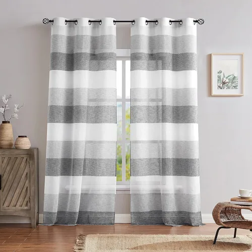 Central Park - Cortina traslúcida de rayas gris carbón con bloques de color para ventana, tratamiento de lino para ventana, para dormitorio, sala de