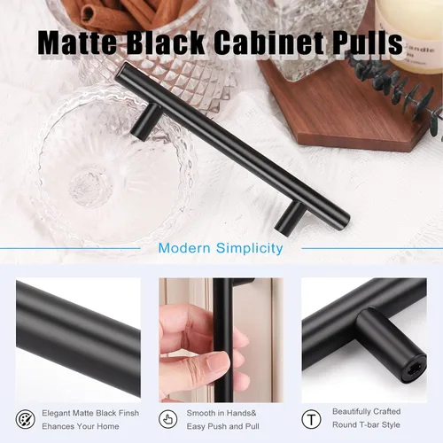 Miniatura 6 de Tiradores de gabinete de acero inoxidable con acabado negro moderno estilo euro redondo barra en T, cocina gabinete manijas cajones pomos - paquete