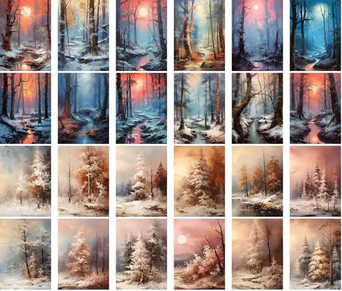 Miniatura 2 de Calcomanías grandes, 24 piezas (2.5 x 3.5 pulgadas cada una) hermosos paisajes de bosques invernales increíbles, acuarela, postales vintage