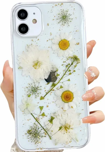Miniatura 10 de LSEEKA Funda transparente para iPhone 13 Mini/iPhone 12 Mini con diseño de flores reales prensadas, con purpurina, bonito patrón floral blanco, Oro