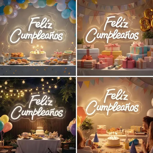 Miniatura 4 de Letrero de neón personalizado con texto en inglés «Feliz Cumpleaños», luz LED de pared para cumpleaños, decoración de fiestas, patio trasero