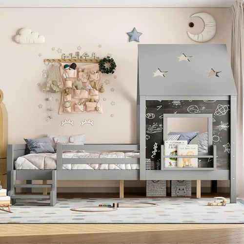 Miniatura 4 de Marco de cama de tamaño matrimonial para niños con escaleras, bonito techo y ventana en forma de estrella para niños y niñas, cama de plataforma