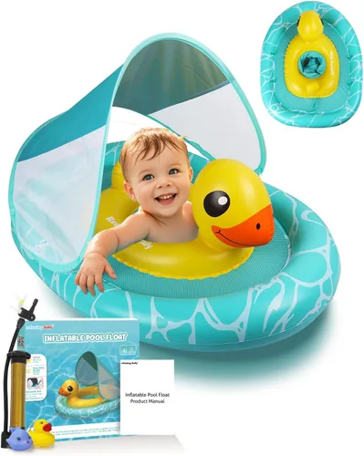 Miniatura 9 de Flotador doble con asiento de seguridad ajustable, toldo UPF 50+ extraíble solar, flotador inflable estilo animal, flotador de natación durante 6-36