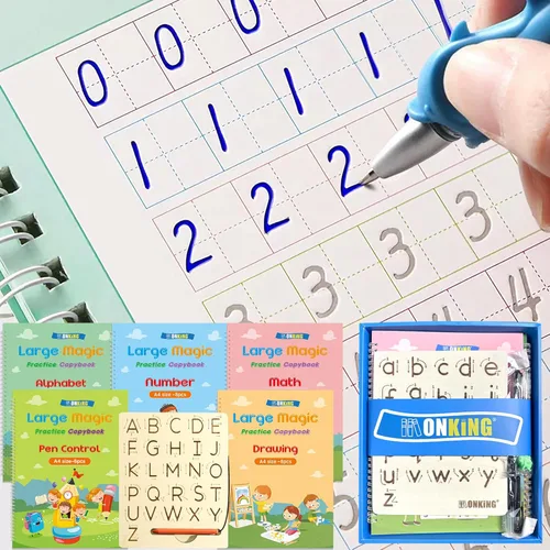 Juego de cuadernos de escritura a mano grandes con ranuras mágicas: paquete de 5 con tabla de rastreo del alfabeto de madera, kit de aprendizaje de