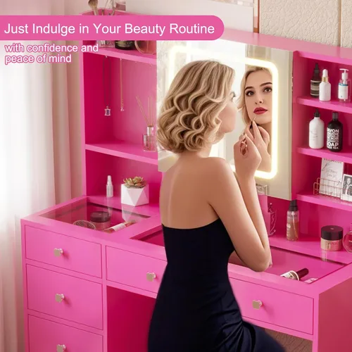 Miniatura 2 de Karl home Tocador de maquillaje con espejo iluminado, escritorio para dormitorio con estación de carga, juego de tocador grande con escritorio