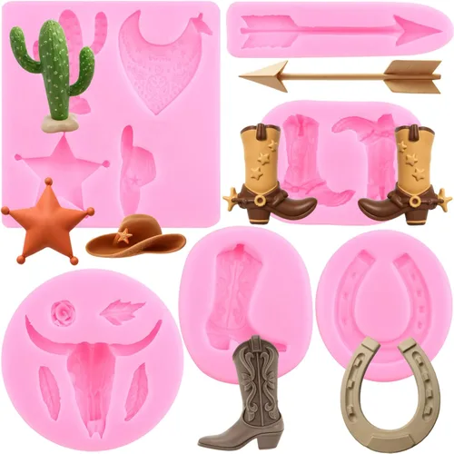 ZiXiang Moldes de silicona de vaquero occidental, cabeza de toro, plumas, flechas vaqueras, botas de herradura, molde para fondant, molde de cactus
