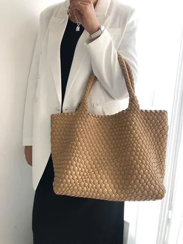 Miniatura 7 de Vipost Bolsa de mano tejida para mujer, bolsa de playa grande de cuero vegano con bolso, bolso de viaje con asa superior, bolsas de hombro tejidas