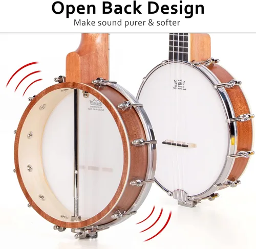 Miniatura 2 de Banjolele, Sapele Travel Banjolele 26 pulgadas 4 cuerdas lotmusic Remo Drumhead espalda abierta con kit para principiantes cuerda extra Allen Wrench