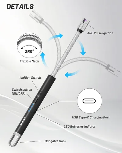 Miniatura 2 de VEHHE - Encendedor de velas eléctrico, encendedor de arco recargable con batería LED, pantalla de batería, cuello flexible largo, USB, encendedores