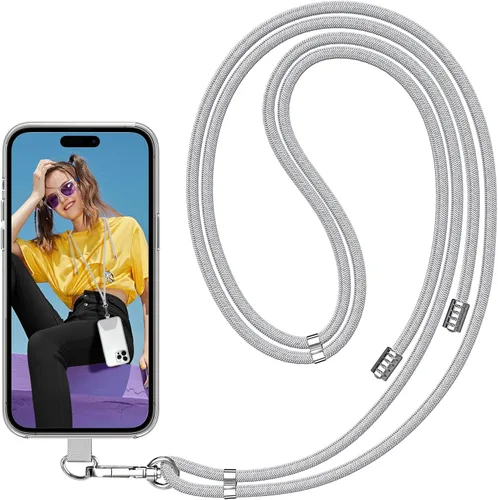 SS Cordón para teléfono, correa de cuello desmontable ajustable con parche para teléfono adecuado para cualquier teléfono celular, color gris