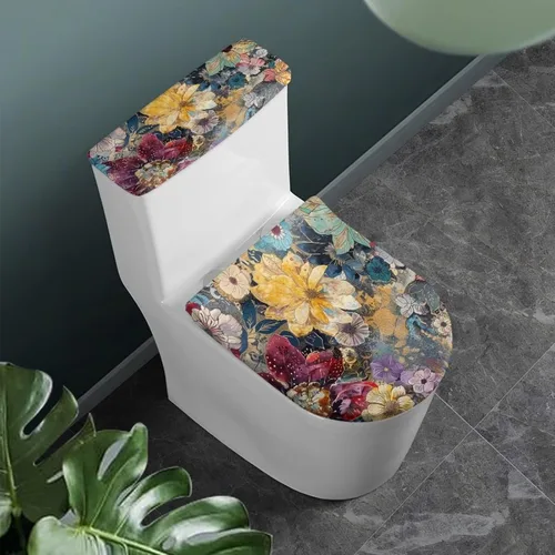 Miniatura 40 de Flashideas Juego de cubierta para tanque y tapa de inodoro con estampados de patas de perro coloridas - Elástico, se adapta a la mayoría de tanques