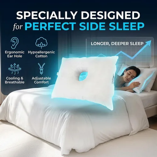 Miniatura 2 de SleepEasy - Almohada CNH de algodón cómoda con orificio para las orejas para dormir de lado, alivio de presión y dolor, ergonómica, transpirable e