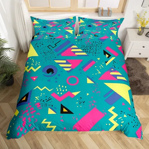 Miniatura 38 de Juego de funda de edredón retro de los años 80 y 90 para hombres y niños, tamaño matrimonial, con formas geométricas redondas triangulares, funda
