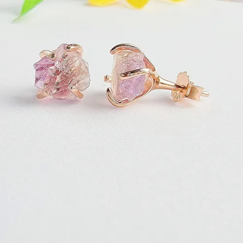 Miniatura 43 de Aretes de piedra preciosa natural en bruto con oro rosa sobre plata de ley 925, 6 a 0.276 in, regalo de piedra de nacimiento de calidad genuina