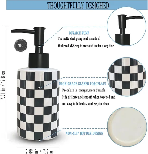 Miniatura 6 de Dispensador de jabón de baño con bomba negra mate, dispensador de jabón de cerámica blanca para cocina, patrón de cuadros, botella de bomba vacía