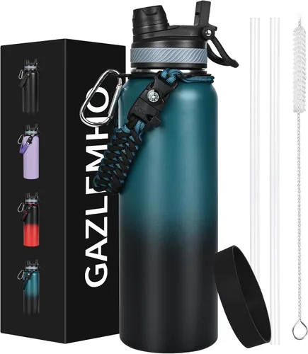 GAZLEMHO Botella de agua aislada de 40 onzas con pajilla y boquilla, tapa 2-en-1, acero inoxidable de triple pared al vacío, fría durante 48H, a