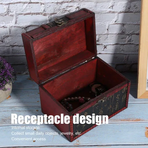 Miniatura 4 de Cofre del tesoro de madera caja de almacenamiento del pecho diseño antiguo pequeño tesoro caja de joyería organizador de joyería 02