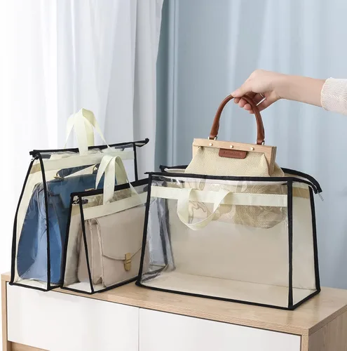 Miniatura 6 de Paquete de 9 bolsas antipolvo para bolsos, almacenamiento transparente de bolso, organizador de almacenamiento de bolsos para armario, funda