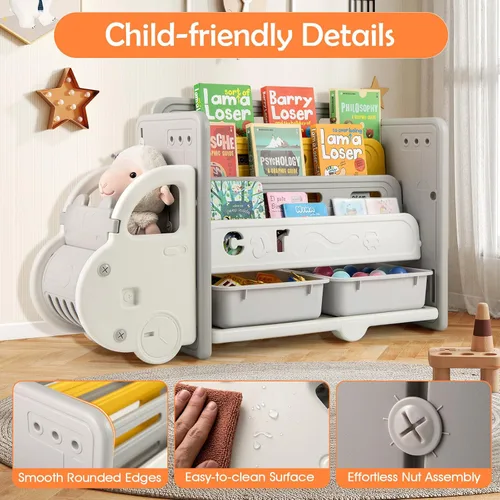 Miniatura 6 de Costzon Organizador de almacenamiento de juguetes en forma de automóvil, estante de juguetes de 3 niveles con estantería, 2 cajas de almacenamiento