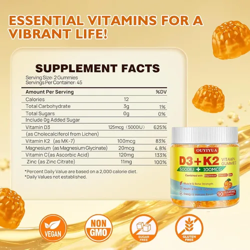 Miniatura 2 de Gomitas de vitamina D3 K2, vitamina D3 5000IU + K2 (MK-7) 100mcg gomitas para adultos Apoyo a la salud inmunológica, aumento de la función dental