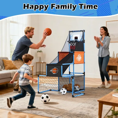 Miniatura 5 de Juego de Arcade de Baloncesto y Portería de Fútbol 2 en 1 para Niños, Aro de Baloncesto Ajustable para Niños con 6 Pelotas y Bomba