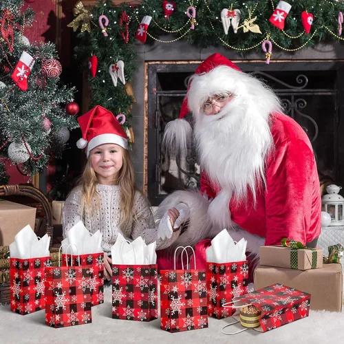 Miniatura 7 de Paquete de 32 bolsas de regalo de fiesta de copo de nieve de Navidad, bolsas de regalo a cuadros rojos y negros con tejido blanco, bolsa de papel