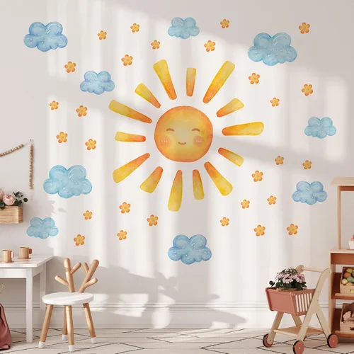35.4 × 11.8 pulgadas, diseño de nubes de sol, mural de acuarela, vinilo moderno, extraíble, adhesivo para guardería, sala de juegos, sala de estar,