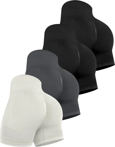 Miniatura 33 de CHRLEISURE Pantalones Cortos de Entrenamiento para Mujer, 4 Paquetes, Cintura Alta, Levantamiento de Glúteos con Fruncido, Pantalones Cortos Booty