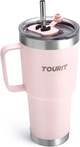 TOURIT Vaso aislado de 30 onzas con asa y pajilla, tapa MagSlider reutilizable 3 en 1. Doble pared a prueba de sudor, libre de BPA para mantener las