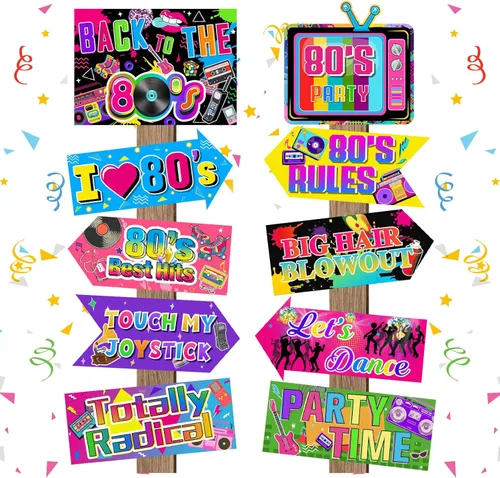 Hooqict 20 piezas de decoraciones de fiesta de los años 80, letrero retro de neón para adultos, disco hip hop, temática de los años 80, suministros