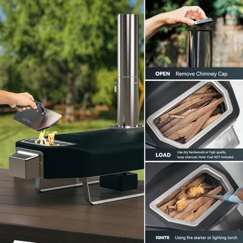 Miniatura 5 de Horno de pizza de leña con piedra giratoria, horno portátil de leña/carbón para pizza con chimenea y puerta, estufa de pizza al aire libre