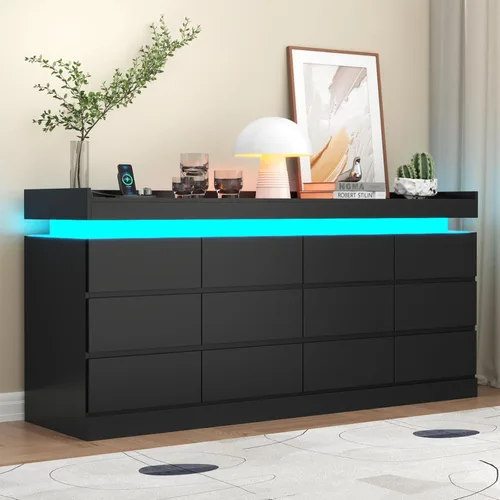 Miniatura 16 de Gyfimoie Cómoda de 9 cajones con toma de corriente, cómoda con luz LED, cómoda moderna para armario, gabinete organizador de cajones doble ancho