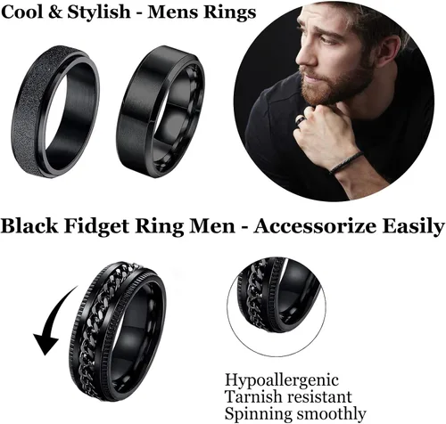 Miniatura 2 de Anillos para hombres y mujeres, 6 unidades, anillos de acero inoxidable negro para hombre, anillo para ansiedad, alivio de la ansiedad, anillos
