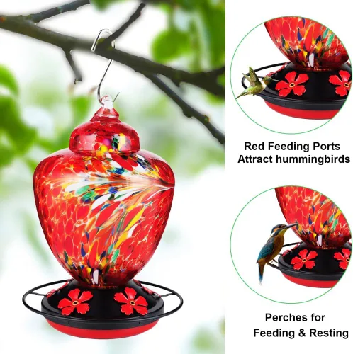 Miniatura 3 de REZIPO Comedero para colibríes con percha - Vidrio soplado a mano - Capacidad de néctar para colibríes de 38 onzas líquidas. Incluye cables
