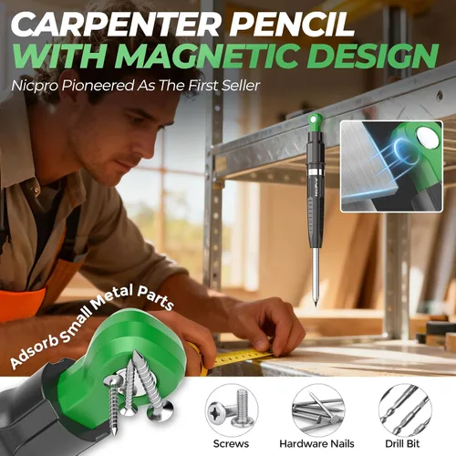 Miniatura 3 de Nicpro Lápices de carpintero magnéticos 7 en 1 CP5000 con sacapuntas, lápiz de construcción mecánica de 2.8mm + 10 recambios, marcador de agujeros