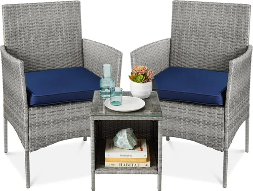 Miniatura 21 de Best Choice Products Juego de 3 piezas de mimbre para conversación al aire libre, muebles de patio que ahorran espacio para jardín con mesa