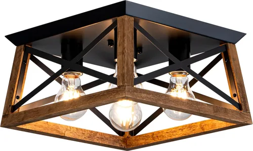 Miniatura 10 de Lámpara de Techo Estilo Granja, Lámpara de Techo Empotrada Redonda de 2 Luces con Marco de Madera y Metal, Luminaria Rústica Negra para Pasillo