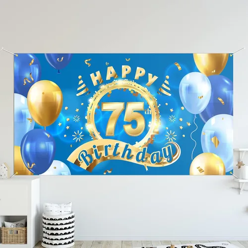 5665 Cartel de fondo de feliz cumpleaños 75, decoración azul con texto en inglés "Cheers to 75 años" para fiestas temáticas para hombres y mujeres